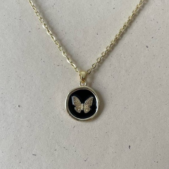 Gold and Black Butterfly Pendant Necklace - Picture 2 of 4